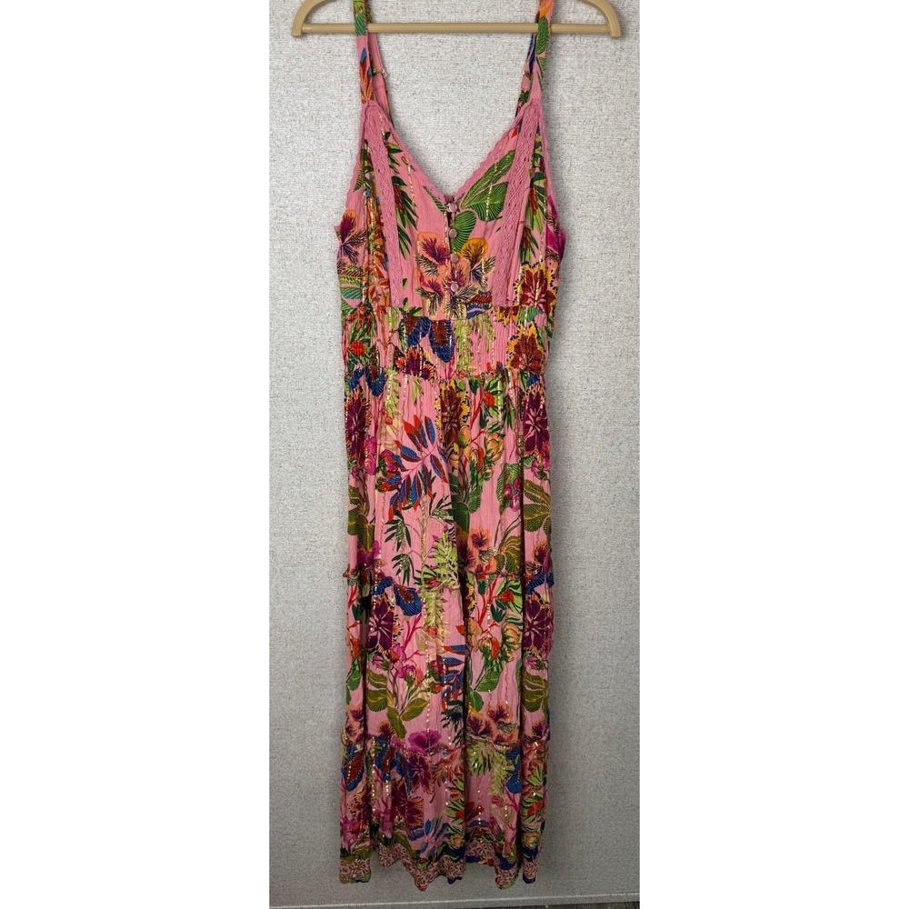 Me 2 Magic Pink Floral Tropical Metallic Tiered Crochet Maxi Dress Size L